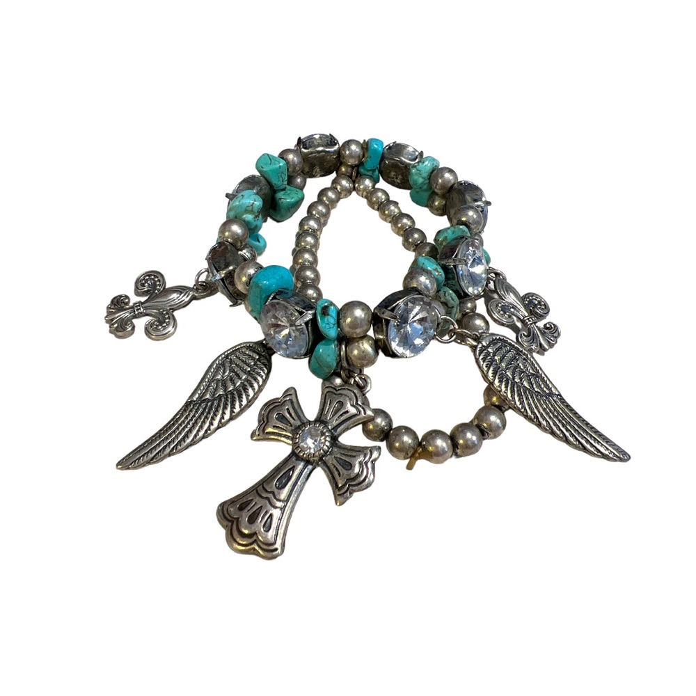 3 Strand Stretch Bracelet Faux Turquoise Silver Tone with Charms & Rhinestones